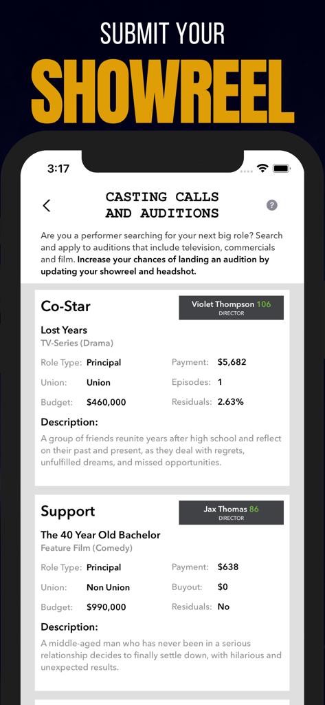 Mobile app interface showing casting calls and acting roles for auditions in Hollywood Movie Star Life Sim