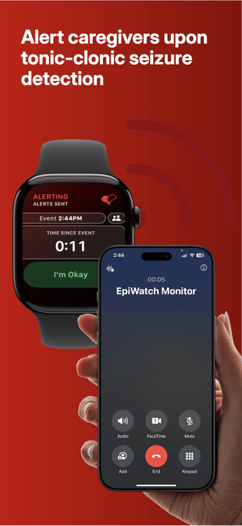 EpiWatch - Seizure Monitor - Apple Watch displaying a seizure alert with a synchronized emergency call on an iPhone