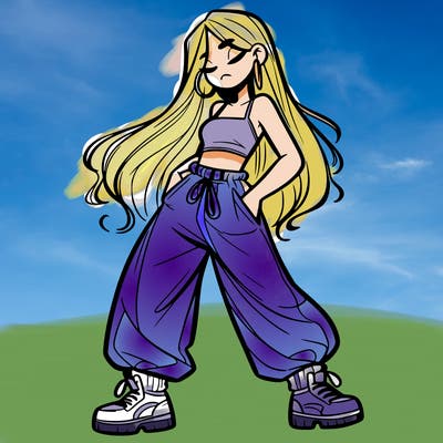 girl in baggy pants crop top and long hair