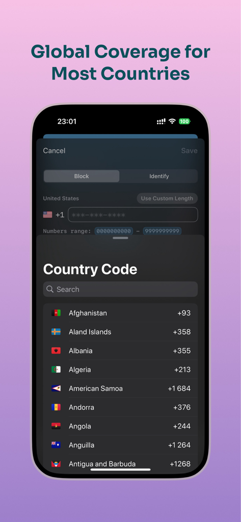 Call Shield: Spam Call Blocker - Una lista de códigos de países internacionales dentro de la interfaz de la aplicación Call Shield para seleccionar la cobertura de bloqueo de llamadas de spam global
