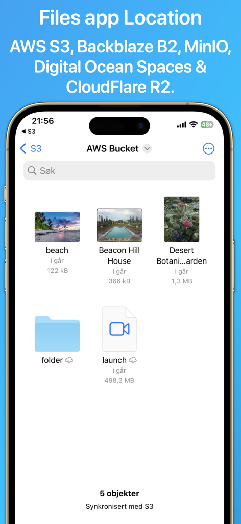 S3 Client - Files location - Interface do aplicativo S3 Client no iPhone exibindo arquivos e pastas dentro de um bucket AWS S3.