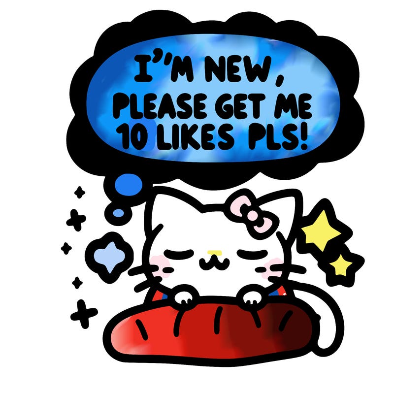 kitty taking a nap dream talking and saying "i'm new, please get me at least 10 likes pls!!"