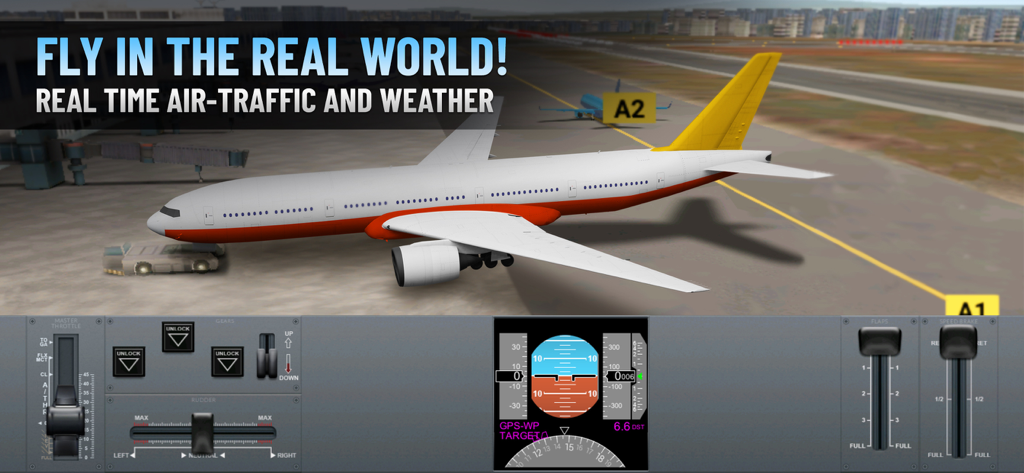 Airline Commander: Flight Game - Airline Commander game screen featuring an airplane at the airport gate and detailed cockpit instrument controls