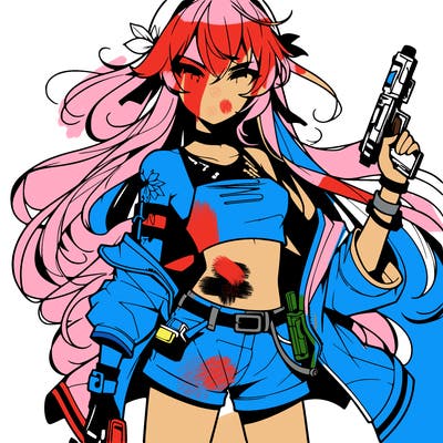 bad girl wearing crop top holding a gun long hair anime