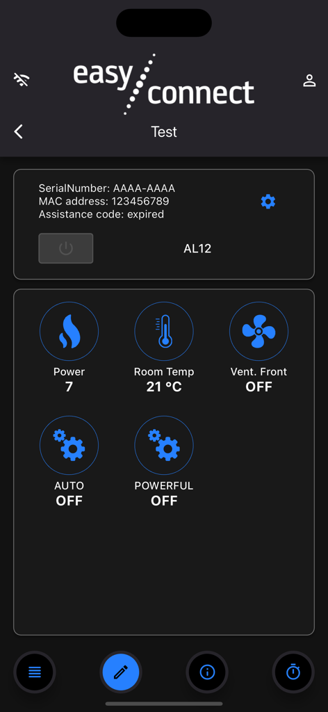 Easy Connect by MCZ - Easy Connect by MCZ app interface showing pellet stove power and room temperature controls