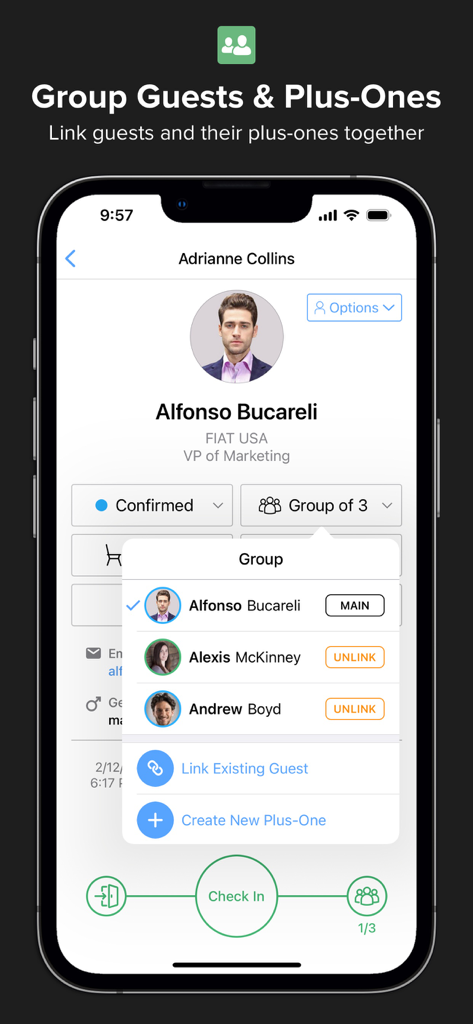 Events & Guest Lists | Diobox - Interface do aplicativo Diobox mostrando um perfil de convidado com um pop-up para gerenciar e vincular acompanhantes para um check-in em grupo.