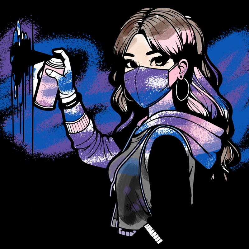 realistic girl with mask spray painting a wall