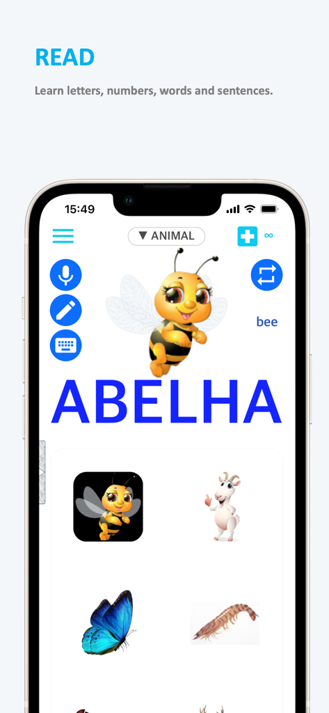 Captura de tela da interface do aplicativo Emme Português ensinando a palavra Abelha com uma ilustração de abelha de desenho animado para associação visual