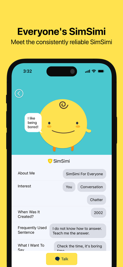 Interface móvel mostrando o perfil do SimSimi de Todos com um personagem redondo amarelo e detalhes do chat.