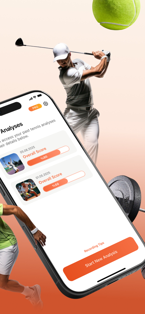 CoachIQ: AI Technic Analyzer - CoachIQ app interface showing performance scores for tennis analyses on a smartphone with a golfer and gym equipment in the background
