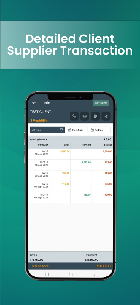 Un libro mayor detallado de transacciones de clientes y proveedores en la aplicación móvil Uni Invoice que muestra ventas y pagos