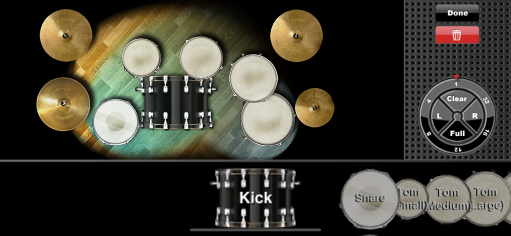 Real Drums 앱의 드럼 키트 커스터마이징 및 편집 인터페이스