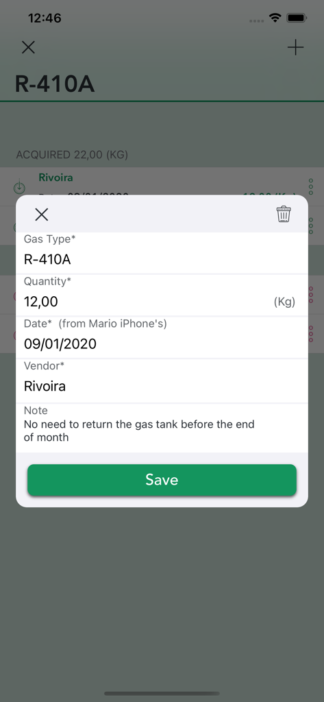 F-Gas ToolアプリのR-410A冷媒ガスの数量と供給業者を記録するフォーム