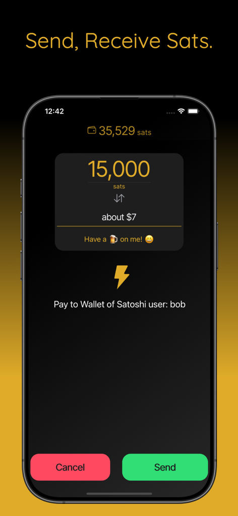 Wallet of Satoshi 모바일 앱 인터페이스, bob이라는 사용자에게 15000 Sat을 보내는 화면 표시