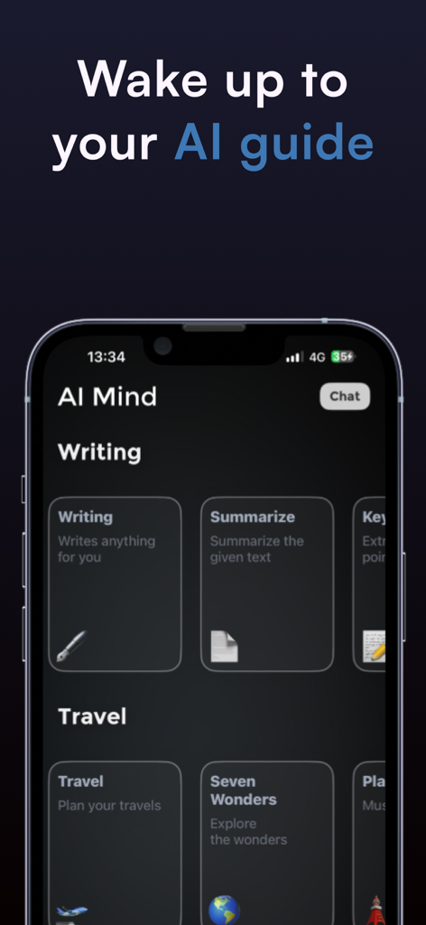 AI Mental Assistant: Juicy AI - Screenshot of the Juicy AI mental assistant app interface showing AI writing and travel planning tools.