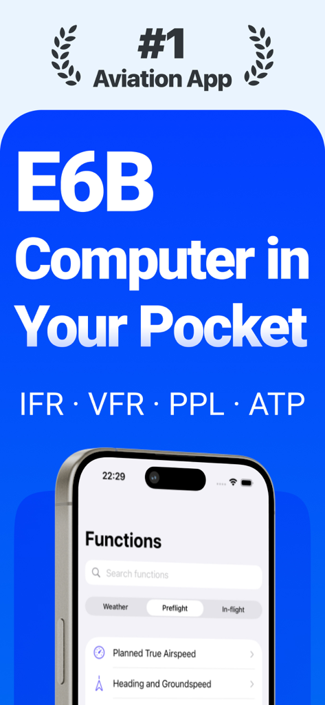 E6B - Flight Computer - E6B Flight Computer app interface for iPhone showing aviation functions and pilot certification levels