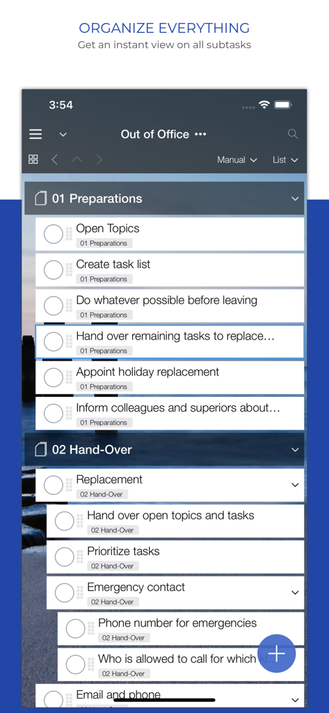 Organize:Pro - Task Manager - Organize Pro app interface showing a detailed task list with subprojects and checklists for professional productivity
