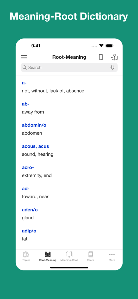 Ein Screenshot der App „Medical terminology roots“, der die Oberfläche des Wurzel-Bedeutungs-Wörterbuchs mit Begriffen wie a, ab und abdomino und deren Definitionen anzeigt