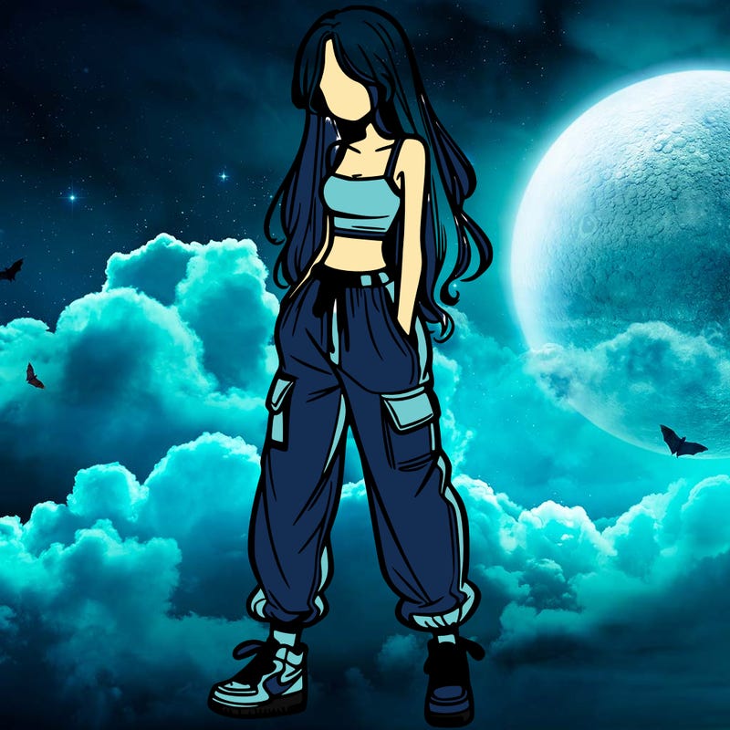 girl in baggy pants crop top and long hair