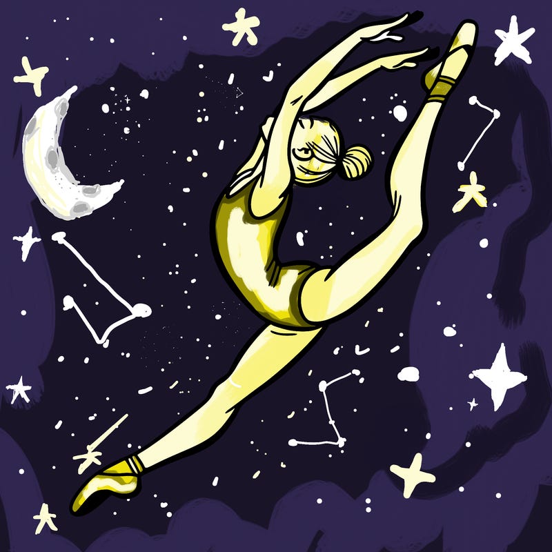 gymnast doing a leap in a leotard with a bent back leg