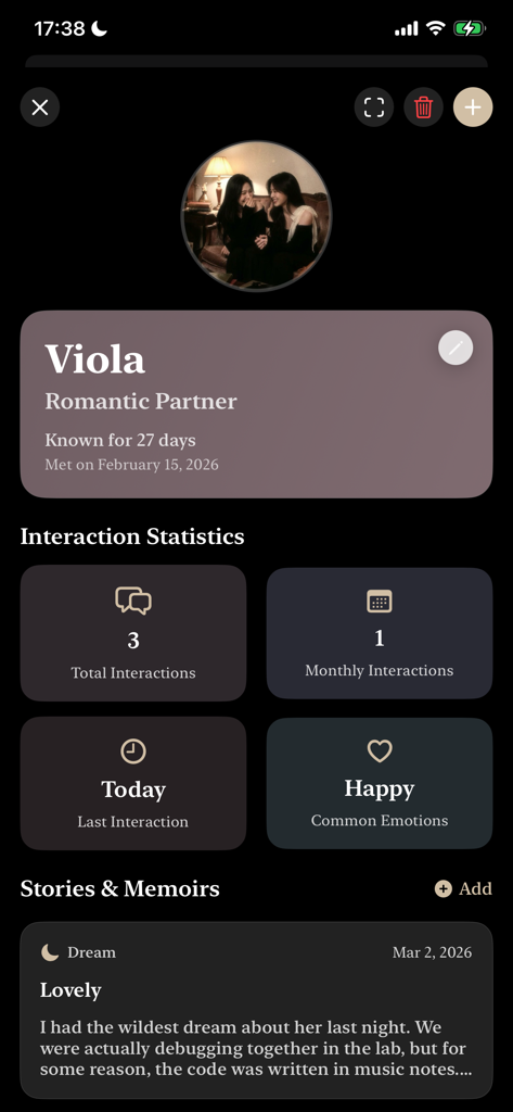 Momento: Friends Journal - A profile screen in the Momento app showing interaction statistics and a journal entry for a contact named Viola