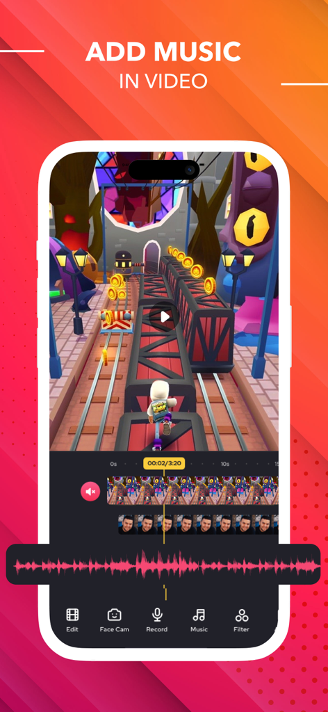 Mobile app interface for Screen Recorder showing video editing features to add music to a recorded video clip