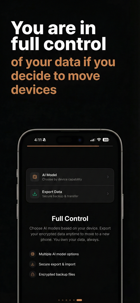 Viska: Local AI Meeting Notes - A mobile screen from the Viska app showing options for encrypted data export and local AI model selection to ensure user privacy and data ownership