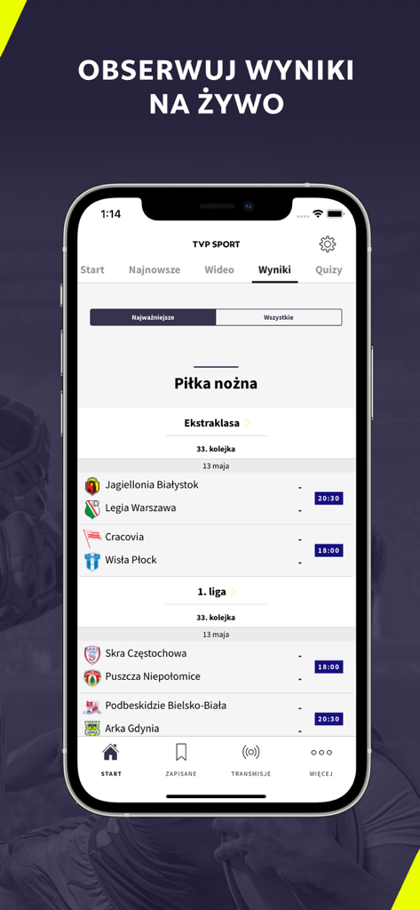 TVP Sport mobile app interface displaying live Polish soccer match results for Ekstraklasa and 1. Liga