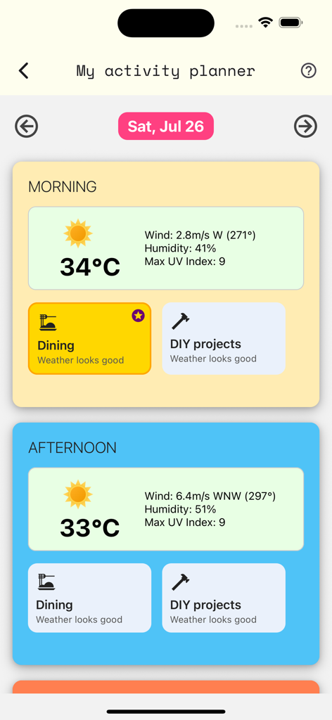 Weather Malta - Pantalla del planificador de actividades de la aplicación El Tiempo Malta que muestra los pronósticos de mañana y tarde.