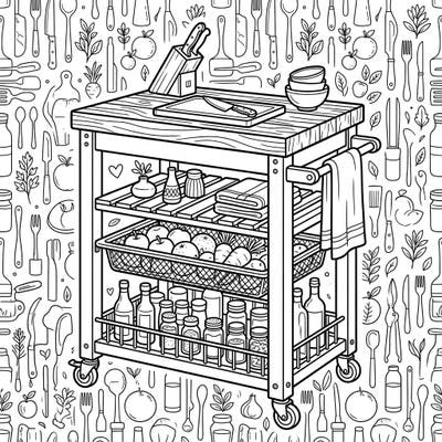 Bring a bustling kitchen scene to life with this intricate coloring page featuring a fully stocked kitchen cart. Perfect for adding your personal touch to every spice jar and fresh produce item.