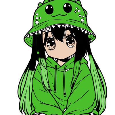 girl with anime shaped eyes with a dinosaur bucket hat oversized sweatshirt long straight hair