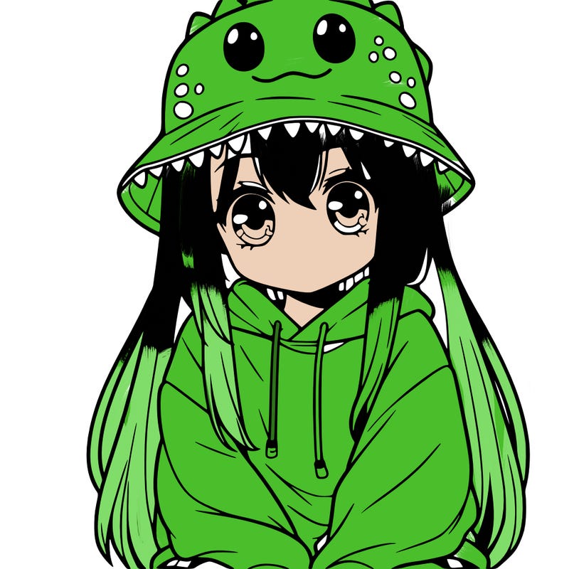 girl with anime shaped eyes with a dinosaur bucket hat oversized sweatshirt long straight hair