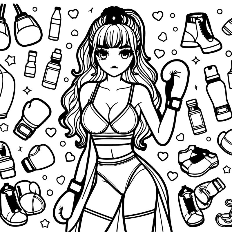 a beautiful girl in boxing clothes is in the center of the picture, with scattered and small pictures of boxing sports supplies.