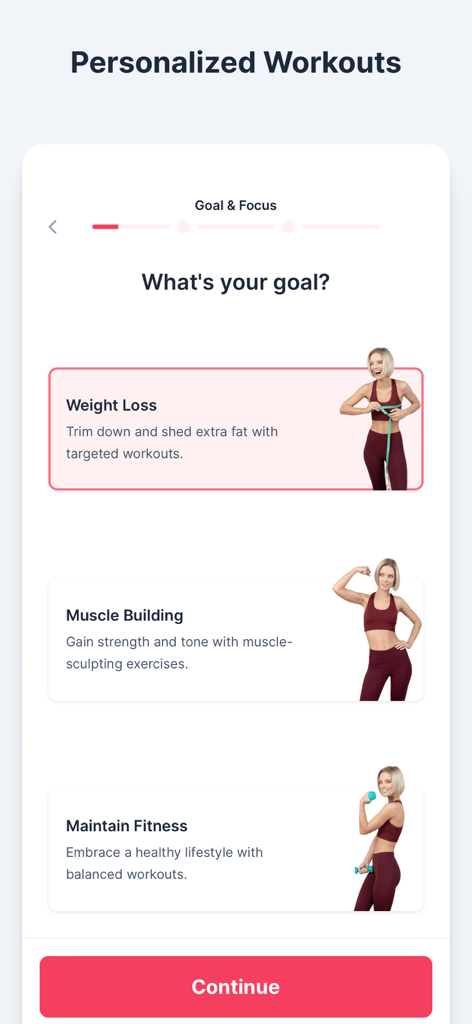 WeBurn: Home Workout for Women - Pantalla de selección de objetivos de fitness de la aplicación WeBurn, que incluye Pérdida de Peso y Desarrollo Muscular.
