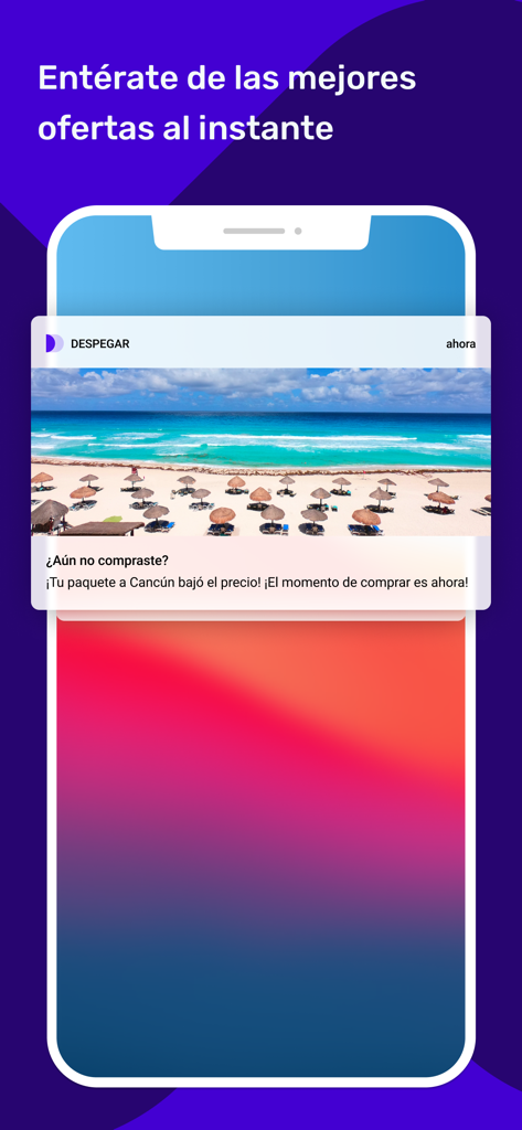 Notification from Despegar app showing a price alert for a Cancun travel package.