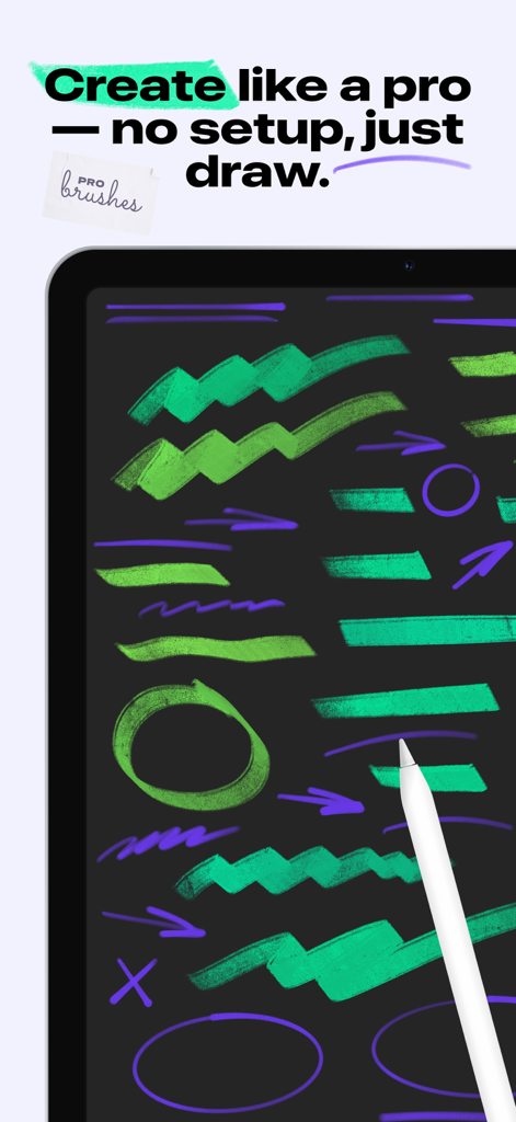 Art Brushes for iPad - iPad screen showing various green and purple digital brush strokes and an Apple Pencil tip