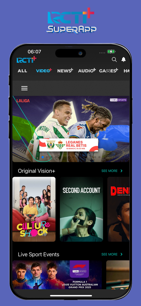 RCTI+ Superapp - RCTI plus Superapp mobile interface showing live sports and Indonesian video streaming