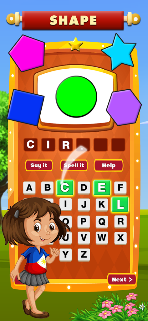 Educational spelling game interface for kids showing a circle shape and letter keyboard