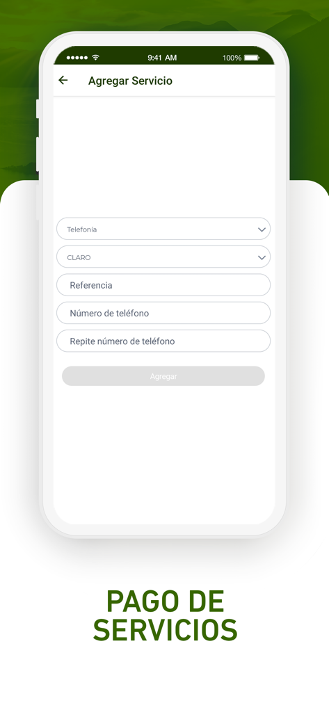 Banco INV APP - 전화 서비스 결제를 추가하기 위한 Banco INV 앱 인터페이스