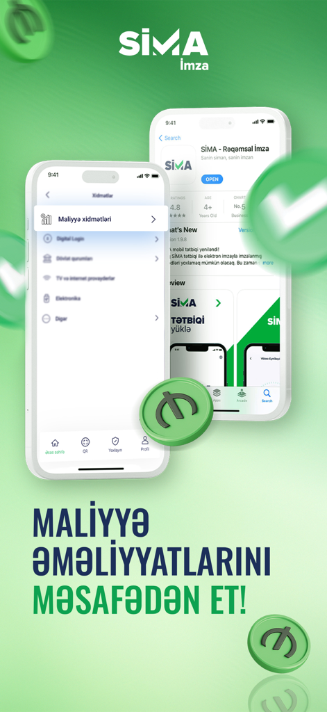Interfaccia dell'app mobile Sima che mostra la firma digitale e i servizi finanziari su due iPhone.