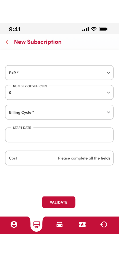 Pantalla del formulario de nueva suscripción en la aplicación móvil P+R CFL para estacionamiento