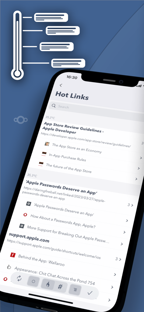 Fiery Feeds: News Reader - Smartphone screen showing the Hot Links feature in Fiery Feeds highlighting trending news and articles
