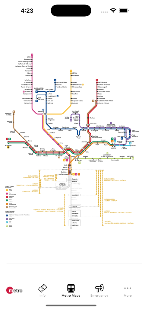Un mapa detallado del metro y el tranvía de Valencia, España, dentro de la interfaz de la aplicación móvil