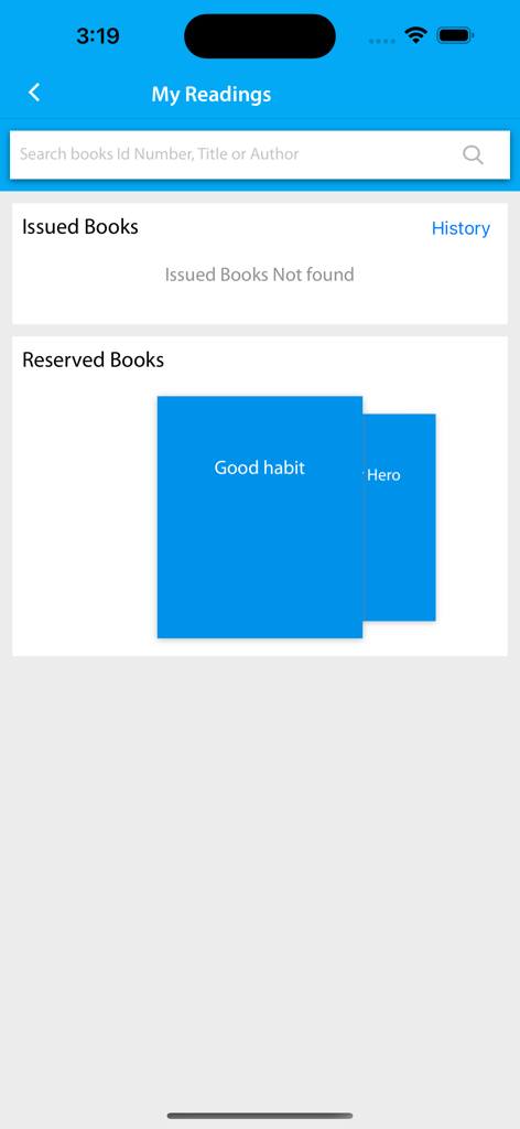 School Diary - My Readings screen in the School Diary app showing reserved books and a search bar