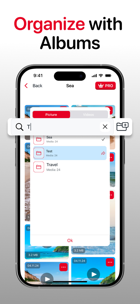 Pinterest Downloader - PinSave - Interface do aplicativo Pinterest Downloader mostrando conteúdo de mídia organizado em álbuns personalizados como Mar e Viagem