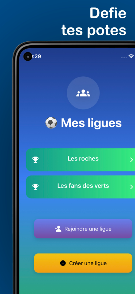 Daily Football Quiz - Soccer quiz app screen showing personal leagues and options to join or create new ones