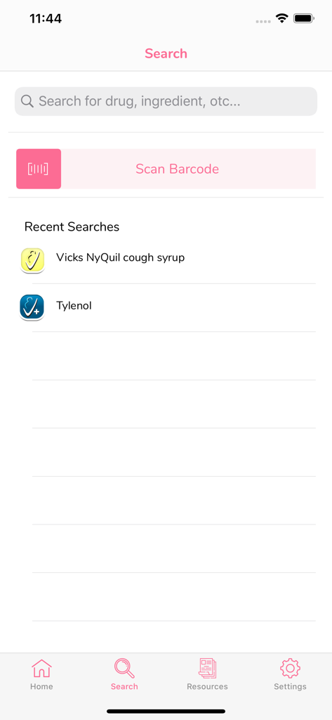 MommyMeds - Search interface of the MommyMeds app showing the barcode scanner button and recent drug searches.