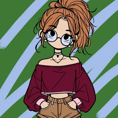 girl with a messy ponytail glasses a baggy crop top and jean shorts