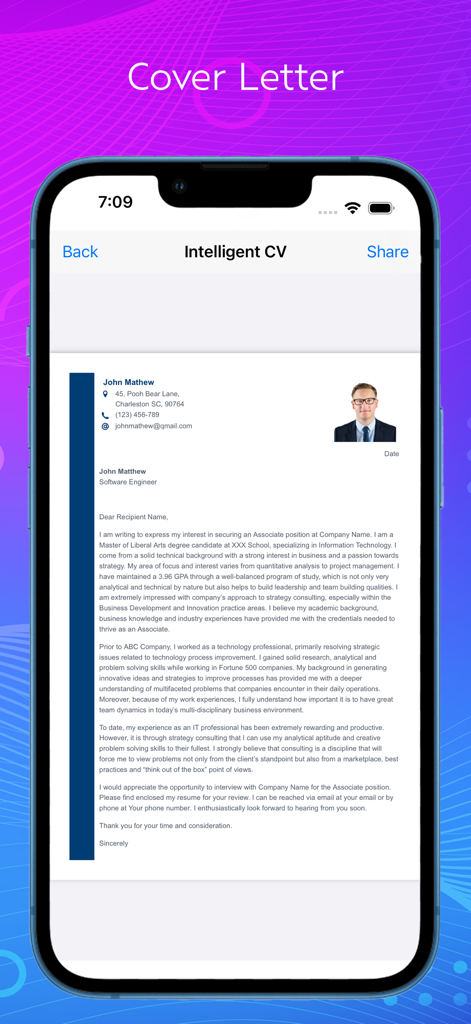 A professional cover letter template for a software engineer displayed on the Intelligent CV Maker mobile application
