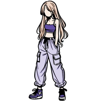 girl in baggy pants crop top and long hair